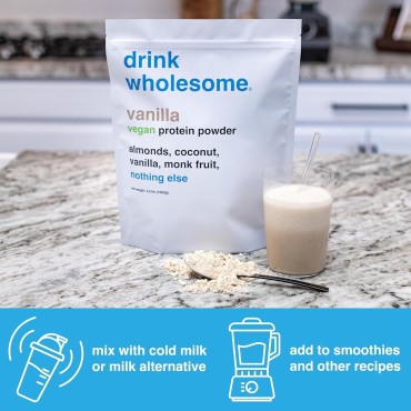 drink wholesome Vegan Vanilla Almond Protein Powder | for Sensitive Stomachs | Gut Friendly | No Artificial Sweeteners | No Sucralose | No Stevia | Low Sodium | for Kids & Seniors | 28 Servings