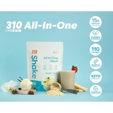 310 Nutrition – All-In-One Meal Replacement Shake with Shaker Cup - New Formula with Fiber Rich Vegan Superfood Blend - Natural Sweeteners - Low Carb Shake, Keto & Paleo Friendly - Gluten Free - 26 Essential Vitamins & Minerals -Vanilla Creme - 14 Serving