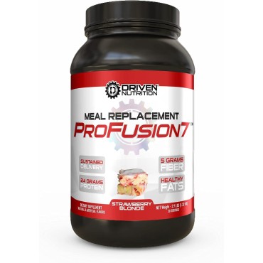 Driven Pro Fusion 7 Meal Replacement Powder - Men & Women, 3 lbs - 24g Protein Per Serving, Digestive Enzymes & MCT Oil - Gluten-Free - On-The-Go Energy & Supports Muscle Mass - Strawberry Milkshake