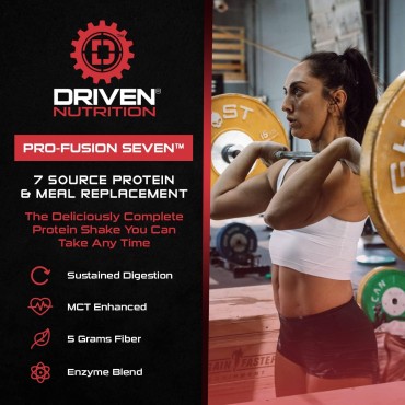 Driven Pro Fusion 7 Meal Replacement Powder - Men & Women, 3 lbs - 24g Protein Per Serving, Digestive Enzymes & MCT Oil - Gluten-Free - On-The-Go Energy & Supports Muscle Mass - Strawberry Milkshake