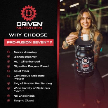 Driven Pro Fusion 7 Meal Replacement Powder - Men & Women, 3 lbs - 24g Protein Per Serving, Digestive Enzymes & MCT Oil - Gluten-Free - On-The-Go Energy & Supports Muscle Mass - Strawberry Milkshake