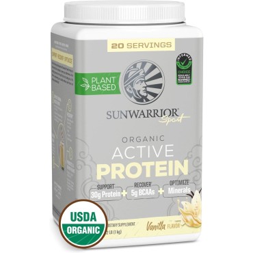 Sunwarrior Vegan Protein Powder Plant-Based USDA Organic BCAAs | Sugar Free Gluten Free Non-GMO Dairy Free | Vanilla Flavored 20 Servings | Sport Organic Active Protein