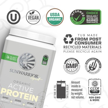 Sunwarrior Vegan Protein Powder Plant-Based USDA Organic BCAAs | Sugar Free Gluten Free Non-GMO Dairy Free | Vanilla Flavored 20 Servings | Sport Organic Active Protein