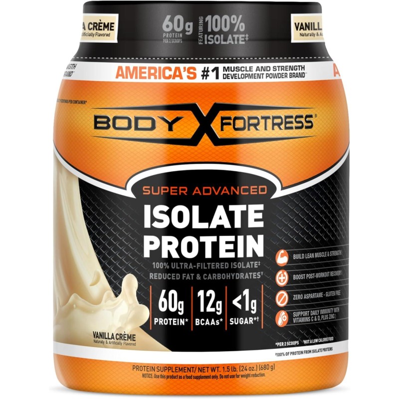 Body Fortress 100% Ultra-Filtered Isolate Protein Powder, Vanilla, 60g Protein & 12g BCAAs Per 2 Scoops, Muscle Gain & Recovery, Immune Support with Vitamins C & D, 1.5lbs,Packaging May Vary