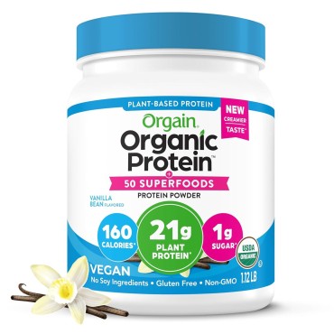 Orgain Organic Vegan Protein + 50 Superfoods Powder, Vanilla Bean - 21g Plant Based Protein, 8g Prebiotic Fiber, No Lactose Ingredients, Gluten Free, Non-GMO, 1.12 lb (Packaging May Vary)