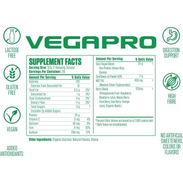 VegaPro Vegan Protein | #1 Rated Plant Based Protein Powder & Super Fruits w/ 20g Protein, Maqui, Acai, Goji + More | Easy Digestion, No Artificial Flavors (28 Servings) - Chocolate Brownie