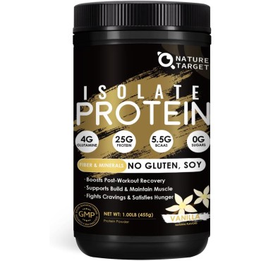 NATURE TARGET Isolate Whey Protein Powder Vanilla, 25g Protein Low Carb Sugar-Free & Gluten-Free, 5.5g BCAAs, Rich in Fibers & Minerals, 1 Pound, 15 Servings