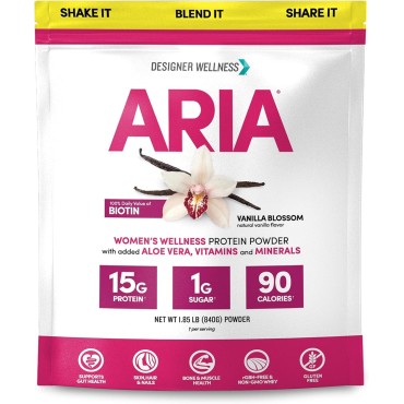 Designer Wellness, Aria, Women's Wellness Low Calorie Vanilla Protein Powder with Biotin, Vitamin C and Organic Aloe, Vanilla Blossom, 1.85 Pound