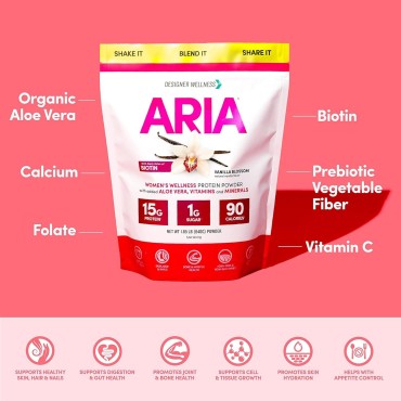 Designer Wellness, Aria, Women's Wellness Low Calorie Vanilla Protein Powder with Biotin, Vitamin C and Organic Aloe, Vanilla Blossom, 1.85 Pound