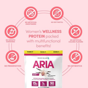 Designer Wellness, Aria, Women's Wellness Low Calorie Vanilla Protein Powder with Biotin, Vitamin C and Organic Aloe, Vanilla Blossom, 1.85 Pound