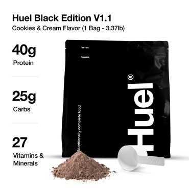 Huel Black Edition Protein Powder Meal Replacement Shake - Cookies and Cream 34 Scoops Packed with 100% Nutritionally Complete Food, Including 40g of Protein, 8g Fiber, 27 Vitamins Minerals 1