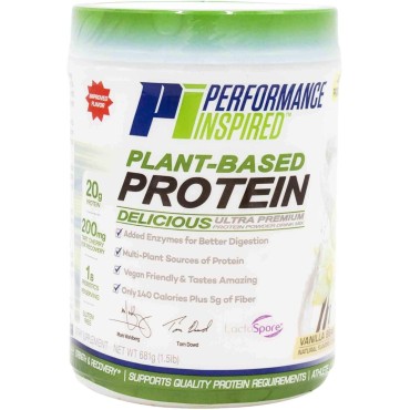 Performance Inspired Nutrition Plant-Based Protein Powder - All Natural - 20G - 1B Probiotics - Digestive Enzymes - Fiber Packed - G Free - Vanilla Bean - 1.5 Lb