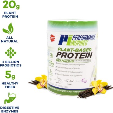 Performance Inspired Nutrition Plant-Based Protein Powder - All Natural - 20G - 1B Probiotics - Digestive Enzymes - Fiber Packed - G Free - Vanilla Bean - 1.5 Lb