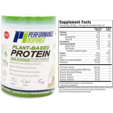 Performance Inspired Nutrition Plant-Based Protein Powder - All Natural - 20G - 1B Probiotics - Digestive Enzymes - Fiber Packed - G Free - Vanilla Bean - 1.5 Lb