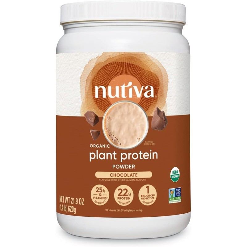 Nutiva Organic Plant Protein Smoothie, Chocolate, 1.4 Pound, USDA Organic, Non-GMO, Non-BPA, Vegan, Gluten-Free, Keto & Paleo, 22g Protein Shake & Meal Replacement