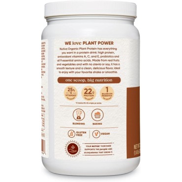 Nutiva Organic Plant Protein Smoothie, Chocolate, 1.4 Pound, USDA Organic, Non-GMO, Non-BPA, Vegan, Gluten-Free, Keto & Paleo, 22g Protein Shake & Meal Replacement