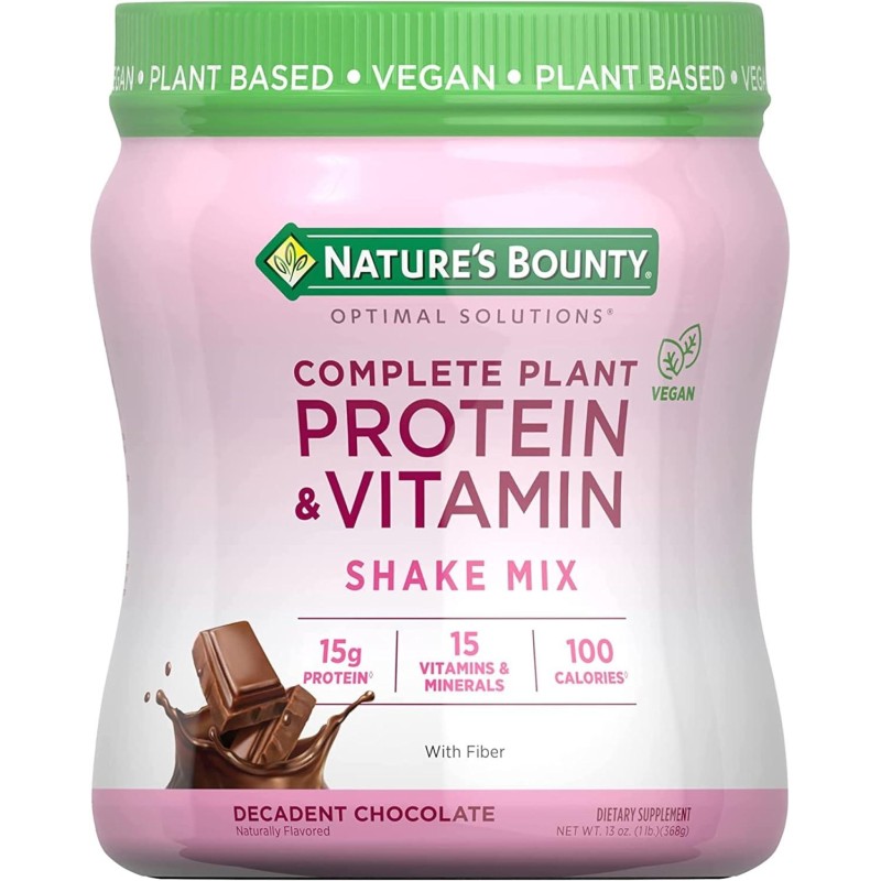 Nature's Bounty Optimal Solutions Complete Plant Protein & Vitamin Shake Mix with Fiber, Plant Based, Decadent Chocolate