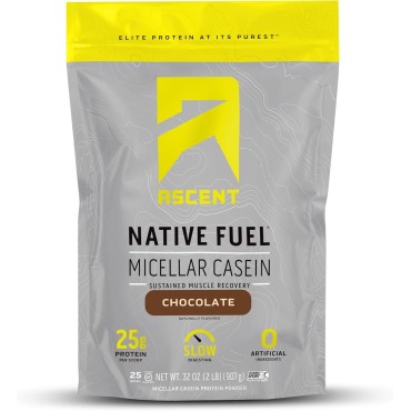 Ascent Casein Protein Powder - 25g Micellar Casein Powder with Zero Artificial Flavors & Sweeteners, Gluten-Free, No Added Sugar, 4.9g BCAA, 2.2g Leucine - Chocolate, 2 Pounds