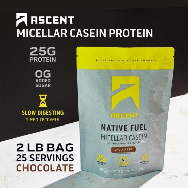 Ascent Casein Protein Powder - 25g Micellar Casein Powder with Zero Artificial Flavors & Sweeteners, Gluten-Free, No Added Sugar, 4.9g BCAA, 2.2g Leucine - Chocolate, 2 Pounds