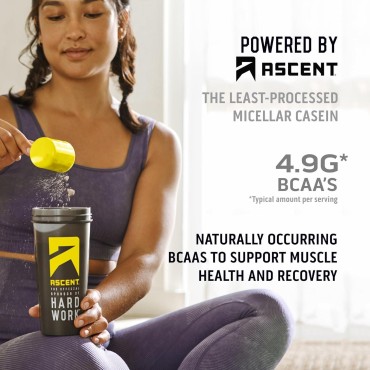 Ascent Casein Protein Powder - 25g Micellar Casein Powder with Zero Artificial Flavors & Sweeteners, Gluten-Free, No Added Sugar, 4.9g BCAA, 2.2g Leucine - Chocolate, 2 Pounds