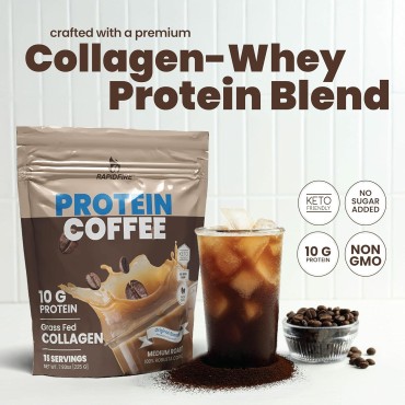 Protein Coffee, with 10g of Protein with Collagen, Promotes Muscle Growth, Supports Energy, Hot or Cold, Keto Friendly, 100% Robusta Coffee, 15 Servings, Original Blend, Medium Roast