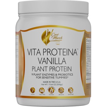 Vita Protein Vegan Vanilla Plant Protein, 20g Protein Per Serving for Sensitive Tummies with Plant Enzymes and Probiotics - Gluten Free, Soy Free, Vegan, GMO Free, Dairy Free - 17.6 oz 500 grams