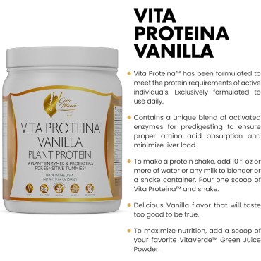 Vita Protein Vegan Vanilla Plant Protein, 20g Protein Per Serving for Sensitive Tummies with Plant Enzymes and Probiotics - Gluten Free, Soy Free, Vegan, GMO Free, Dairy Free - 17.6 oz 500 grams