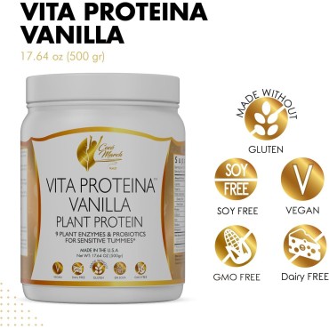 Vita Protein Vegan Vanilla Plant Protein, 20g Protein Per Serving for Sensitive Tummies with Plant Enzymes and Probiotics - Gluten Free, Soy Free, Vegan, GMO Free, Dairy Free - 17.6 oz 500 grams