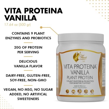 Vita Protein Vegan Vanilla Plant Protein, 20g Protein Per Serving for Sensitive Tummies with Plant Enzymes and Probiotics - Gluten Free, Soy Free, Vegan, GMO Free, Dairy Free - 17.6 oz 500 grams