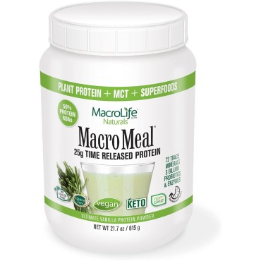 MacroLife Naturals MacroMeal Protein Powder Vanilla, Superfood Greens Probiotics + Fiber, Immune Energy Digestive Daily Essentials for Women & Men Gluten-Free 21.7oz (15 Servings)