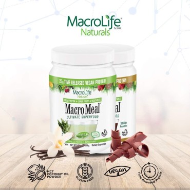 MacroLife Naturals MacroMeal Protein Powder Vanilla, Superfood Greens Probiotics + Fiber, Immune Energy Digestive Daily Essentials for Women & Men Gluten-Free 21.7oz (15 Servings)