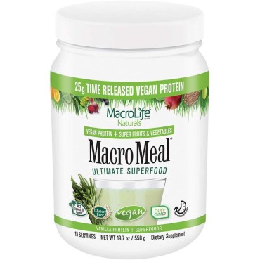 MacroLife Naturals MacroMeal Protein Powder Vanilla, Superfood Greens Probiotics + Fiber, Immune Energy Digestive Daily Essentials for Women & Men Gluten-Free 21.7oz (15 Servings)