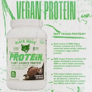 Black Magic Plant-Source 100% Vegan Protein - Keto, Low Sugar, Dairy Free Protein - Pre/Post Workout - Chocolate Ice Cream - 20g Protein - 2 LB