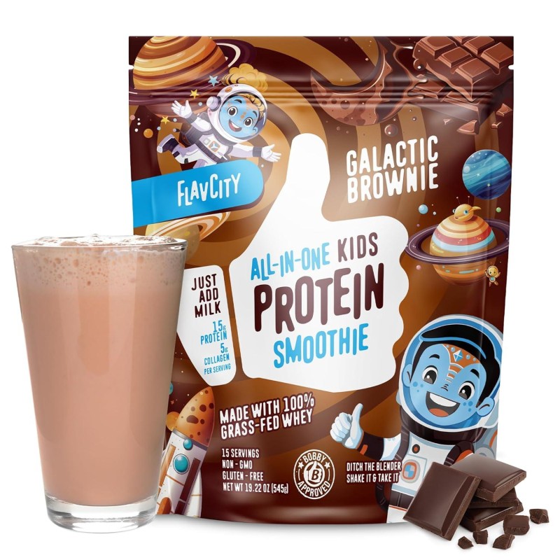 FlavCity All-In-One Protein Smoothie for Kids (Galactic Brownie) - Grass-Fed & Undenatured Whey Protein Powder with 15g Protein & 5g Collagen - Gluten-Free & Non-GMO - 15 Servings