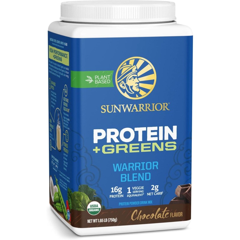 Sunwarrior Warrior Blend Protein Greens Powder Drink Mix | BCAA Plant Based Organic Hemp Seed Vegan Gluten Free Non-GMO Low Carb Protein Powder | Chocolate 750 G 30 SRV