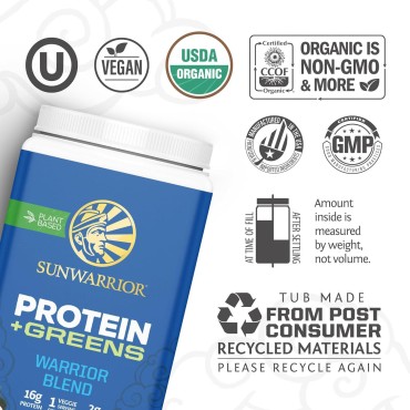 Sunwarrior Warrior Blend Protein Greens Powder Drink Mix | BCAA Plant Based Organic Hemp Seed Vegan Gluten Free Non-GMO Low Carb Protein Powder | Chocolate 750 G 30 SRV