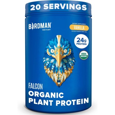 BIRDMAN Falcon Organic Vegan Protein Powder Vanilla, 24g Protein, Sugar Free, Probiotics, Low Carb, Keto Friendly, Dairy Free, Lactose Free, Non Whey, Plant Based Pea Protein Powder - 20 Servings