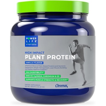 POWERLIFE Tony Horton High Impact Plant Protein Powder with 3000 MG of HMB, Plant-Based, No Sugar Added, Vegan, Keto Friendly, Non-GMO (Vanilla - New Formula)