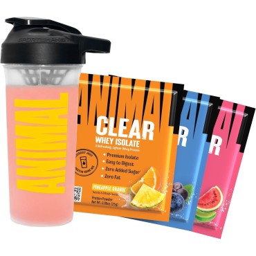 Animal Clear Whey Protein Isolate Sampler Pack & Shaker Bottle - Deliciously Juicy 20g Protein, Watermelon Limeade, Blueberry Acai, Pineapple Orange, 3 Single-Serving Packets