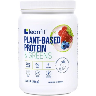 LeanFit Plant-Based Protein & Greens, Natural Berry, 20g Protein, 19 Servings, 1.25 Pound Tub