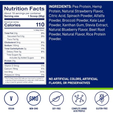 LeanFit Plant-Based Protein & Greens, Natural Berry, 20g Protein, 19 Servings, 1.25 Pound Tub