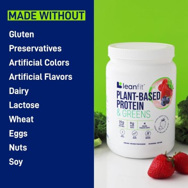 LeanFit Plant-Based Protein & Greens, Natural Berry, 20g Protein, 19 Servings, 1.25 Pound Tub