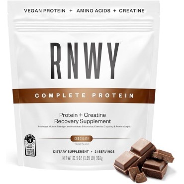 RNWY Complete Vegan Protein + Creatine Powder Chocolate Flavor, Muscle Strength & Endurance, Dairy-Free, Animal-Free, Fermented Yeast, 21 Servings