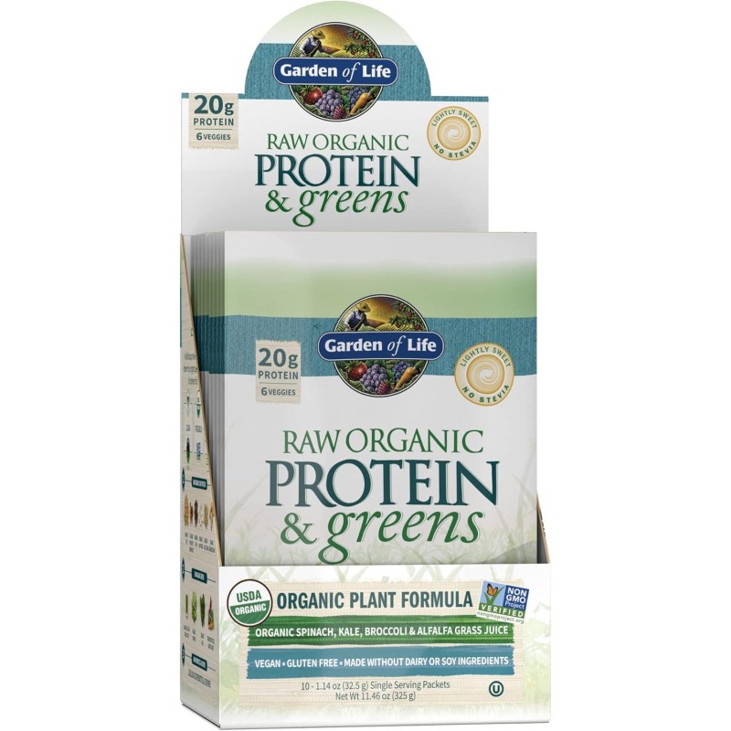 Garden of Life Raw Organic Protein & Greens Lightly Sweet - 10 Servings (10 Packets), Vegan Protein Powder for Women and Men with Juiced Greens, 20g Plant Protein, Probiotics, Enzymes, Low Carb Shake