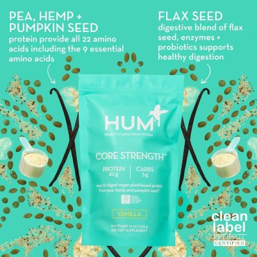 HUM Core Strength Vanilla Protein Powder - Digestion Friendly Vegan Plant Protein for Shakes (15 Servings)