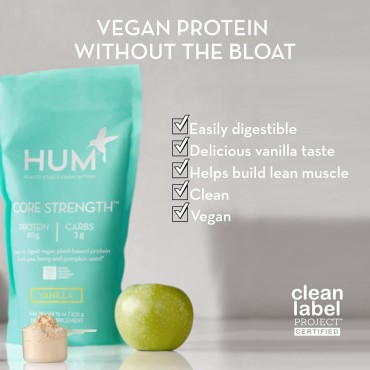 HUM Core Strength Vanilla Protein Powder - Digestion Friendly Vegan Plant Protein for Shakes (15 Servings)