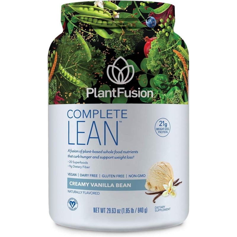 PlantFusion Complete Lean Plant Based Protein Powder - Prebiotic Fiber, Superfoods & Digestive Enzymes - Vegan, Gluten Free, Soy Free, Non-GMO - Vanilla 1.85 lb