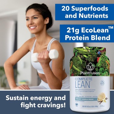 PlantFusion Complete Lean Plant Based Protein Powder - Prebiotic Fiber, Superfoods & Digestive Enzymes - Vegan, Gluten Free, Soy Free, Non-GMO - Vanilla 1.85 lb