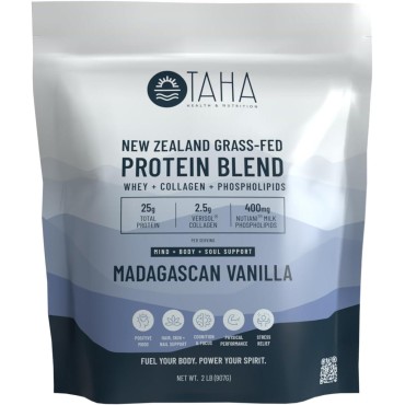 Taha Health & Nutrition Mind+Body+Soul Protein Blend - Madagascan Vanilla. 25g of Protein per Serve from Whey & Collagen, Plus 400mg Milk Phospholipids | New Zealand Grass-Fed, Free-Range Dairy | 2LB