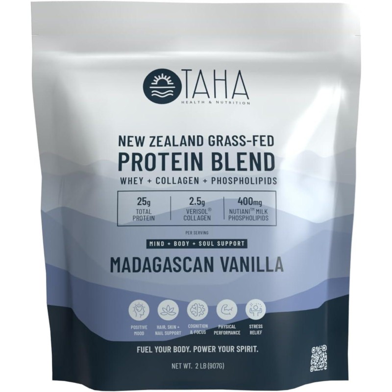 Taha Health & Nutrition Mind+Body+Soul Protein Blend - Madagascan Vanilla. 25g of Protein per Serve from Whey & Collagen, Plus 400mg Milk Phospholipids | New Zealand Grass-Fed, Free-Range Dairy | 2LB